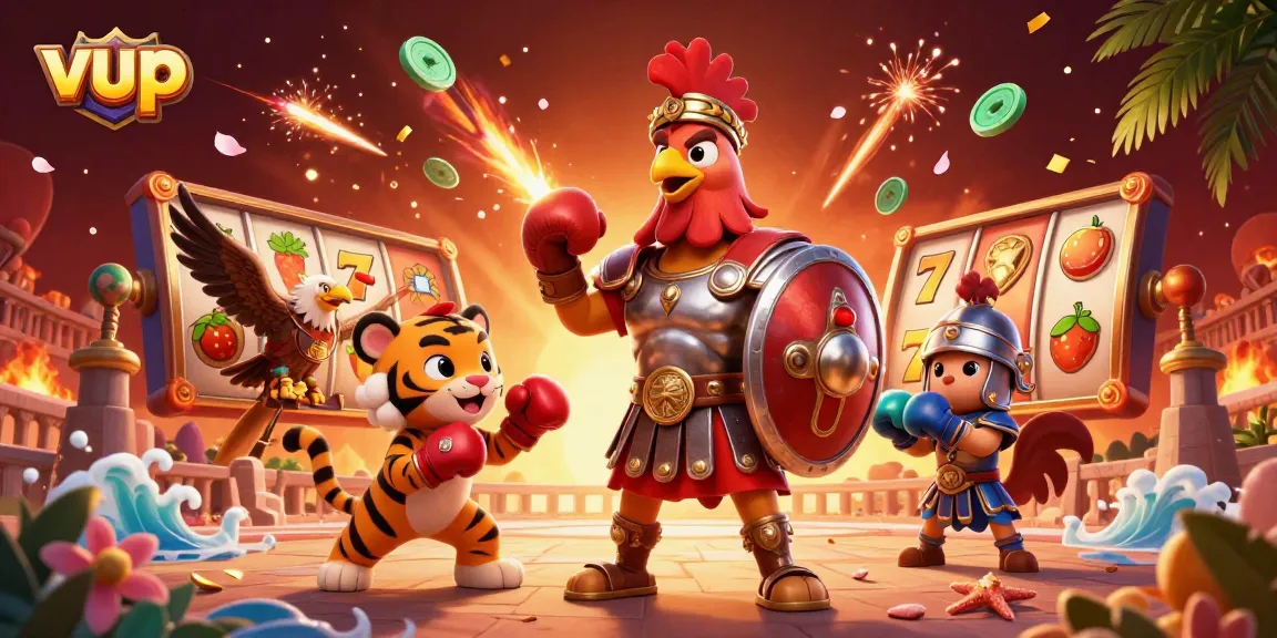 Play interactive slots at vup with unique characters and vibrant game elements in a dynamic scene.
