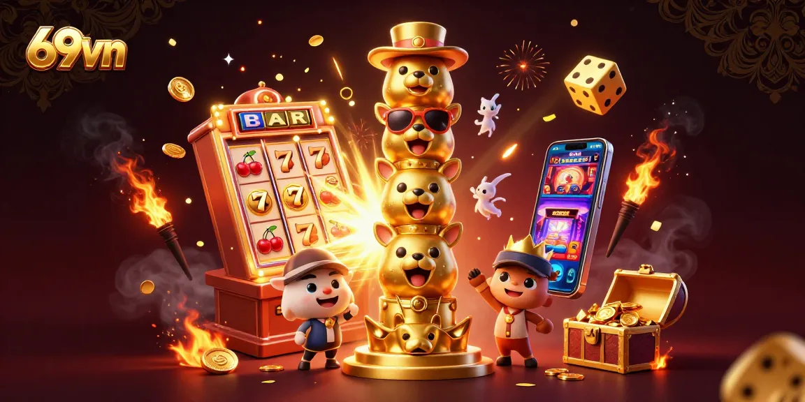 Experience the thrill of 69vn with vibrant 3D casino elements, showcasing jackpot excitement and game diversity.