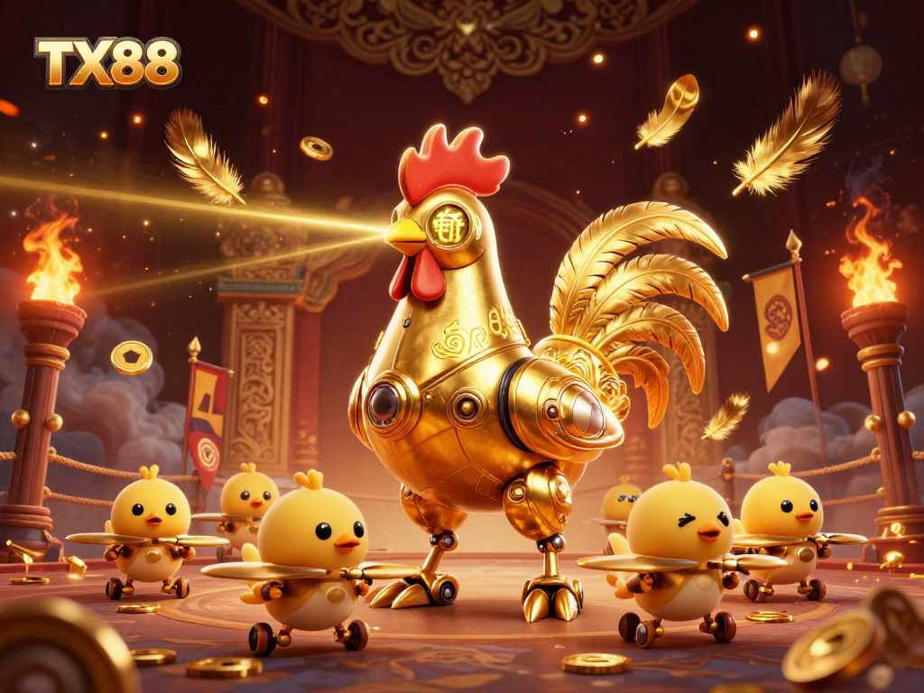 TX88 features an engaging scene with a golden rooster robot and baby chick drones in a vibrant casino setting.
