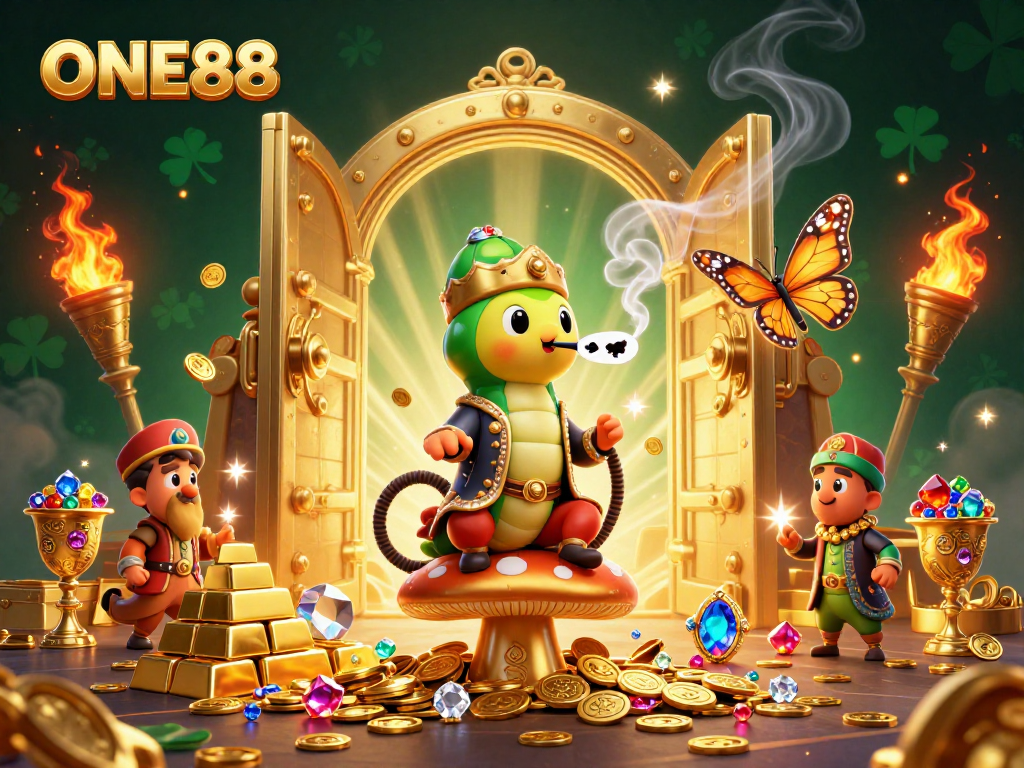 Engage with ONE88's vibrant casino atmosphere featuring a mystical caterpillar and golden treasures.