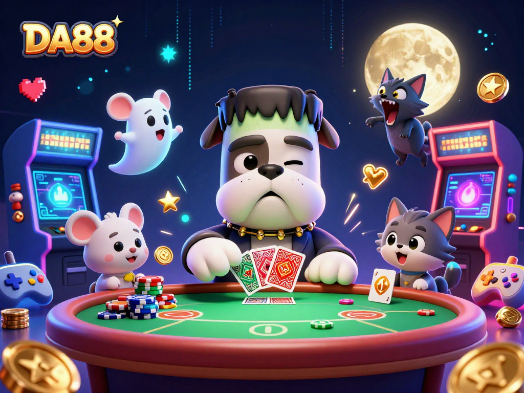 DA88 poker scene featuring a Frankenstein bulldog and werewolf kitten, thrilling casino action.