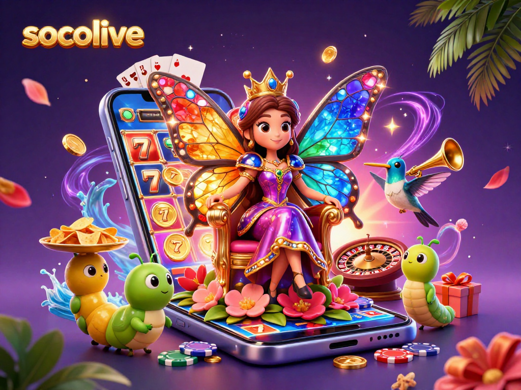 socolive casino scene showcasing a butterfly queen and vibrant slot game elements surrounded by sparkling treasures
