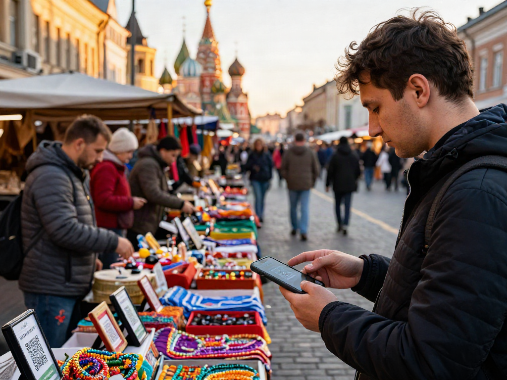 Pago en Rusia mediante https://payinrussia.com/ en un mercado local con arquitectura vibrante de fondo.