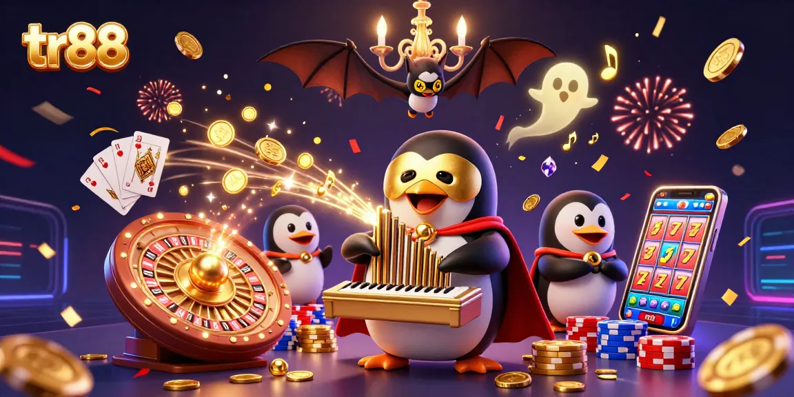 Experience the excitement of tr88 as the phantom penguin plays while golden coins cascade around a dazzling casino scene.