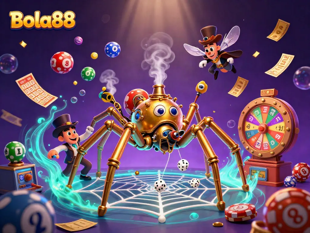 Bola88 captures lucky players in a vibrant lottery-themed casino illustration with golden spider and whimsical elements.