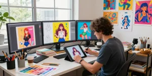 Creating stunning ai hentai imagery in a vibrant digital art studio space filled with creativity.