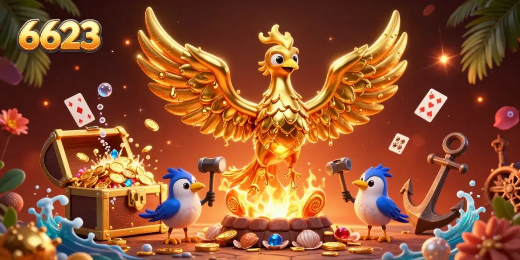 Experience thrilling gameplay with 6623's golden phoenix emerging from a treasure-filled scene in a vibrant casino setting.