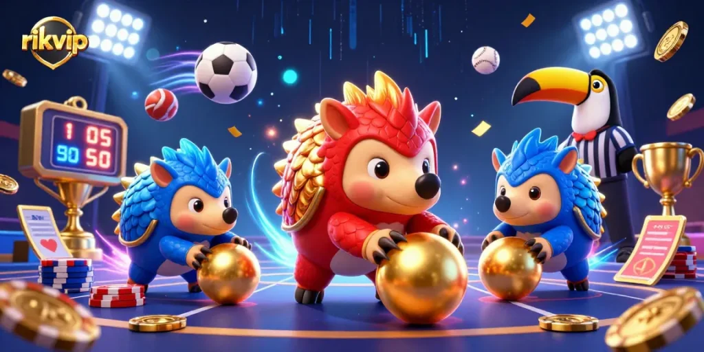 Experience thrilling wins at rikvip with dynamic pangolin characters in an exciting casino scene.