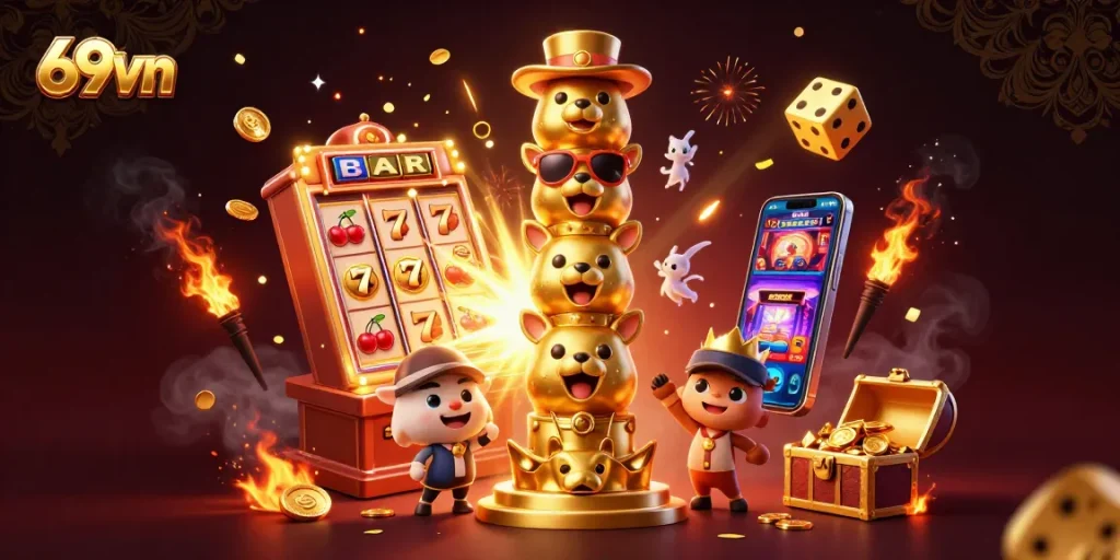 Experience the thrill of 69vn with vibrant 3D casino elements, showcasing jackpot excitement and game diversity.